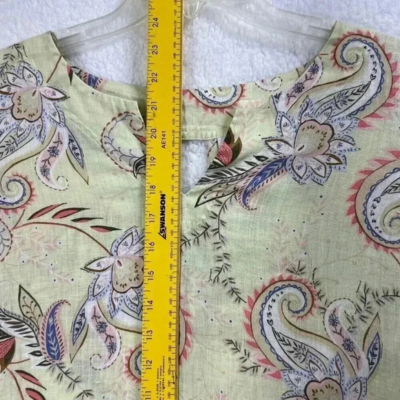 J Jill Love Linen Blouse Yellow Paisley Pattern Split Neck 3/4 Sleeve Size med - Picture 10 of 14